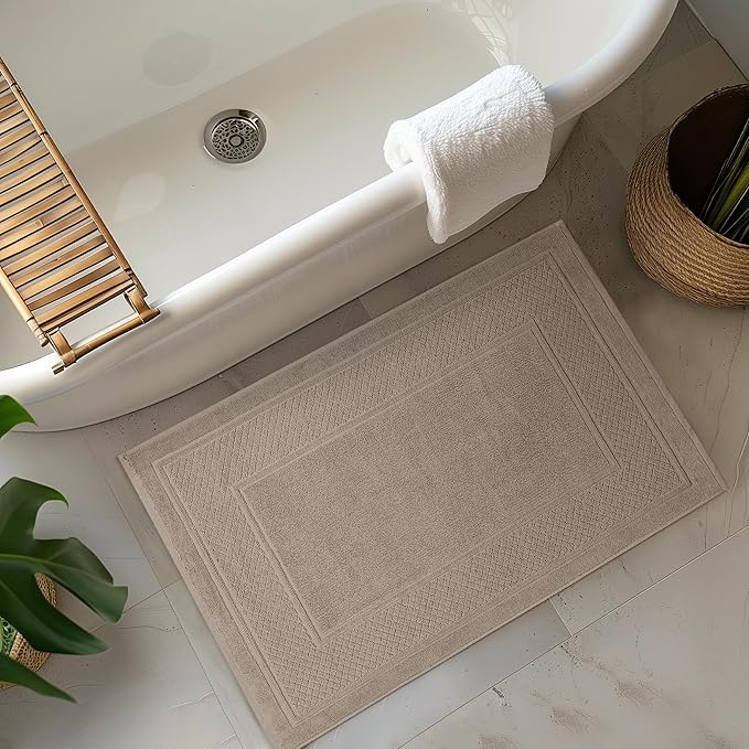 Avalon Towels Beige Bath Mat - 100% Cotton Set of 2 Absorbent Bathmat - Bathroom Mats Quick Dry Bath Mats for Bathrooms (22x34 Inches)