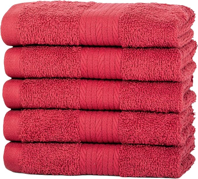 Ample Decor Washcloths Pack of 5 12 X 12 Inch 100% Cotton 600 GSM, Soft Absorbent and Reusable Fingertip Towels, Ideal for Bathroom and Powder Room - Red