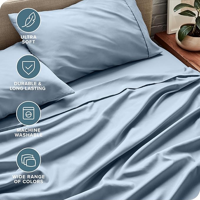 Bare Home Queen Sheet Set - Luxury 1800 Ultra-Soft Microfiber Bed Sheets - Double Brushed - Deep Pockets - Easy Fit - 4 Piece Set - Bedding Sheets & Pillowcases (Queen, Dusty Blue) BareHome