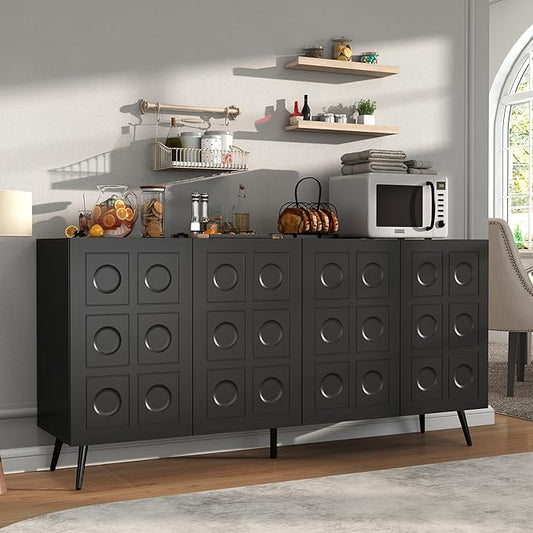 Sideboard Buffet Cabinet with Storage: 63" Large Accent Fluted Black Buffet Cabinet with 4 Doors, Mid Century Modern Credenzas for Living Room (Black)