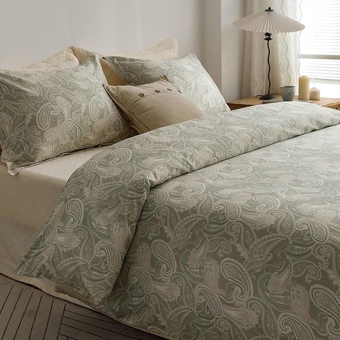 HeimenAogo Luxurious Egyptian Cotton Duvet Cover Set, California King Size Sateen Weave with Silky Soft Boho Style, Zipper Closure and Paisley Pattern
