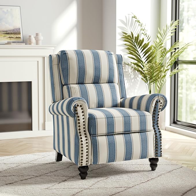 Recliner Chair, Modern Pushback Armchair with Adjustable Backrest & Footrest for Bedroom, Living Room (Navy Blue Stripe,Set of 1)