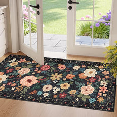 DUKINO 2x4 Rug for Entryway, Washable Kitchen Floral Runner Rug with Non Slip Backing, Low Pile Soft Boho Carpet for Kitchen, Hallway, Entryway, Laundry, Bedroom, Black