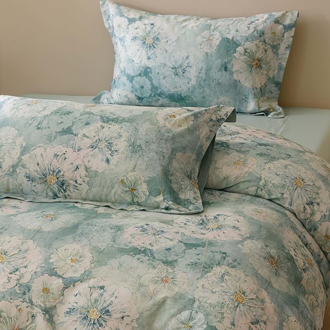 HeimenAogo Egyptian Cotton Duvet Cover Queen Size Sateen Weave, Silky Soft Duvet Cover with Zipper Closure, Long Staple Cotton Bed Linen Watercolor Floral 3 Pcs