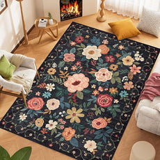 DUKINO 9x12 Area Rug, Floral Rugs for Living Room, Lightweight Non Slip Washable Rug, Indoor Low Pile & Non-Shedding Boho Design Rugs for Bedroom, Living Room, Dining Room, Black