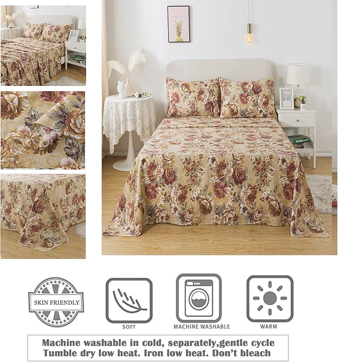 FADFAY Sheets Set Twin Tan Peony Floral Bed Sheet Set Vintage Farmhouse Bedding 100% Cotton Ultra Soft Breathable Bedding with Deep Pocket Fitted Sheet 4Pcs, Twin Size