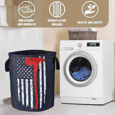 American Flag Red Line Ax Laundry Basket Firemen Foldable Oxford Cloth Funny Tote Bag Laundry Hamper Clothes Storage Bucket Organizer For Bathroom/Laundry Storage /Bedroom17.7x13.7Inch