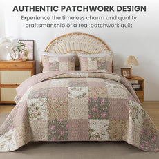 SLPR Secret Garden Patchwork Cotton Pieced Quilt Set - Twin with 1 Sham, Country Shabby Chic Bedding with Flower Pattern, Pink Floral Farmhouse Quilted Bedspread for All Seasons
