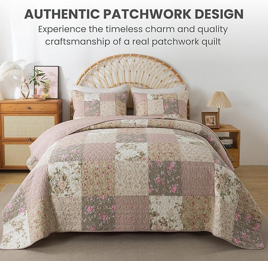 SLPR Secret Garden Patchwork Cotton Pieced Quilt Set - Twin with 1 Sham, Country Shabby Chic Bedding with Flower Pattern, Pink Floral Farmhouse Quilted Bedspread for All Seasons