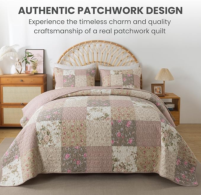 SLPR Secret Garden Patchwork Cotton Pieced Quilt Set - Queen with 2 Shams, Country Shabby Chic Bedding with Flower Pattern, Pink Floral Farmhouse Quilted Bedspread for All Seasons