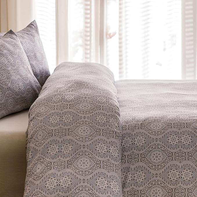 HeimenAogo Egyptian Cotton Duvet Cover Queen Size Sateen Weave, Silky Soft Duvet Cover with Zipper Closure, Long Staple Cotton Bed Linen Bohemian Damask Geometric 3 Pcs