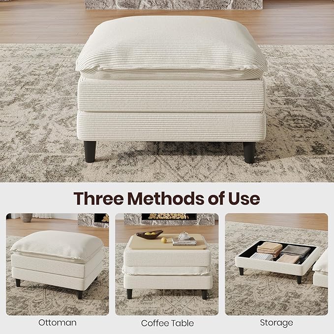 143" U Shaped Modular Sectional Cloud Couch with Two Ottoman, Snap-on Easy Installation 6-Piece Deep Seat Sofa with Storage Bag and Coffee Table for Living Room, Corduroy, Beige