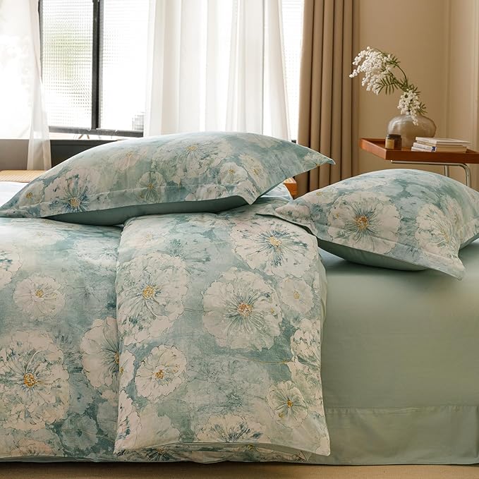 HeimenAogo Egyptian Cotton Duvet Cover California King Sateen Weave, Silky Soft Duvet Cover with Zipper Closure, Long Staple Cotton Comforter Cover Watercolor Floral 3 Pcs