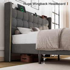 Full Size Bed Frame, Upholstered Platform Bed Frame with Charging Station, Modern Wingback Storage Headboard, Solid Wood Slats Support, No Box Spring Needed, Dark Grey