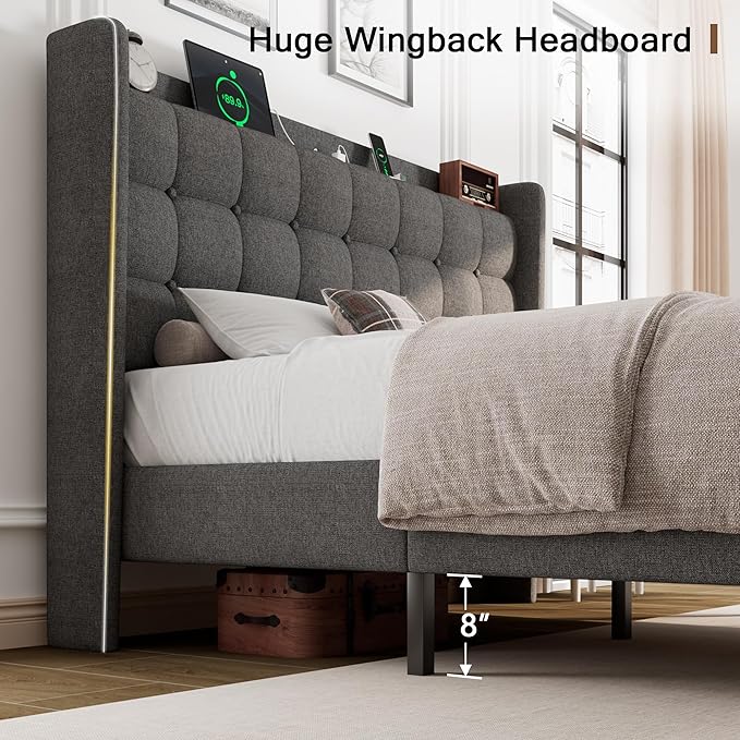 Full Size Bed Frame, Upholstered Platform Bed Frame with Charging Station, Modern Wingback Storage Headboard, Solid Wood Slats Support, No Box Spring Needed, Dark Grey