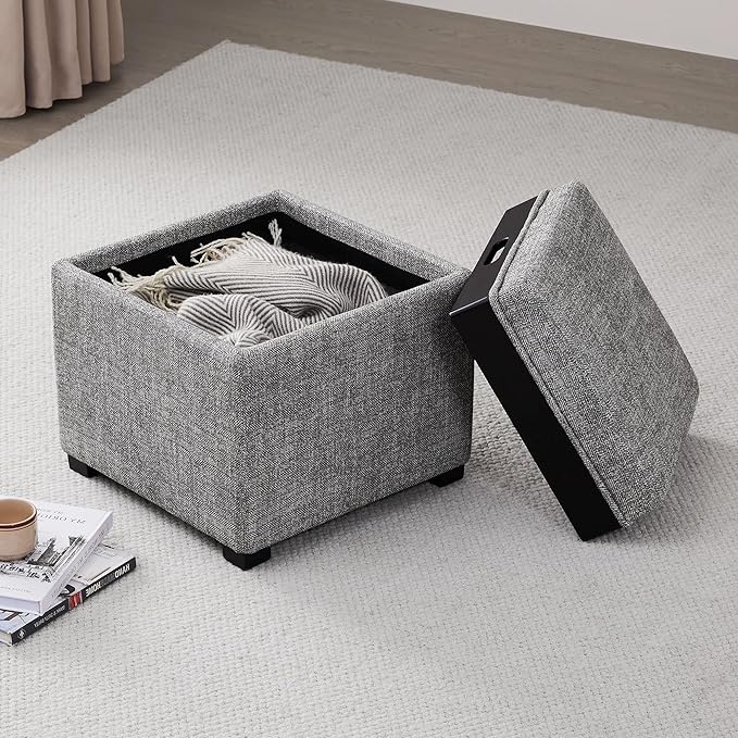 CHITA Storage Ottoman Cube with Tray Lid, Small Footstool with Storage, Square End Table for Living Room and Bedroom, Fabric in Pebble Grey