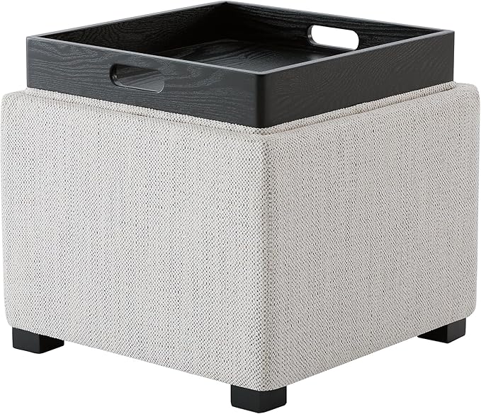 CHITA Storage Ottoman Cube with Tray Lid, Small Footstool with Storage, Square End Table for Living Room and Bedroom, Fabric in Ivory