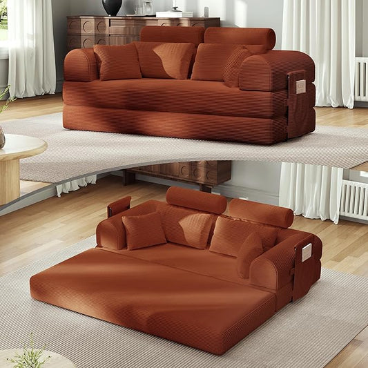 Upgrade High Backrest Design Sofa Bed with Fixed-Shape Frame & Removable Armrests and Backrest, Corduroy Fabric, Convertible Mattress Couch for Small Spaces - No Assembly Needed (High Backrest Orange)