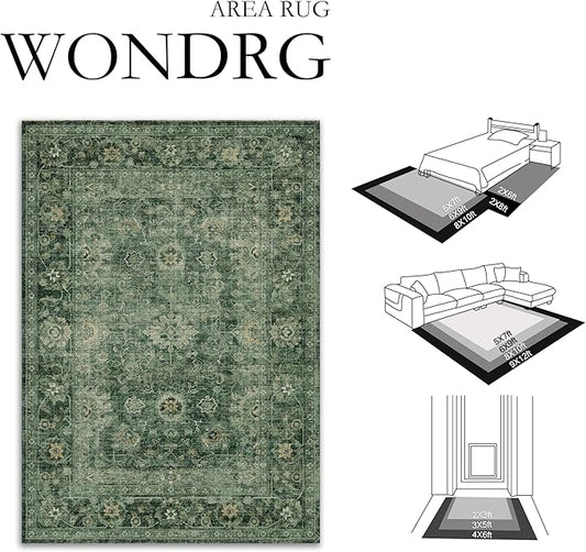 8x10 Washable Area Rug for Living Room Bedroom Green Vintage Distressed Rustic Large Carpet Non-Slip Low Pile Lightweight Vacuumable Soft Throw Rug for Indoor Dining Room