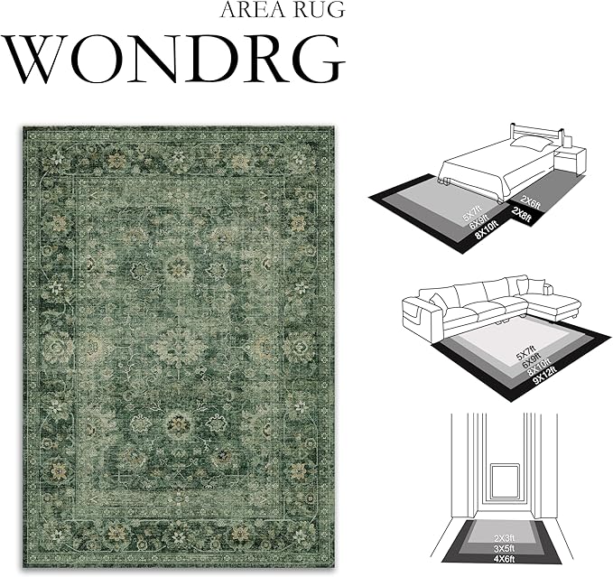 6x9 Washable Area Rug for Living Room Bedroom Green Vintage Distressed Rustic Carpet Non-Slip Low Pile Lightweight Vacuumable Soft Throw Rug for Indoor Dining Room Office