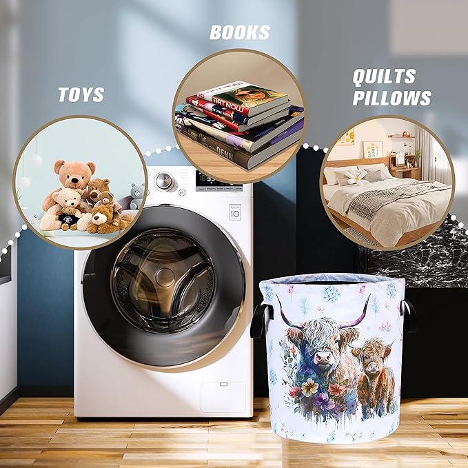 Highland Cow Laundry Basket Cattle Animal Foldable Oxford Cloth Funny Tote Bag Laundry Hamper Clothes Storage Bucket Organizer For Bathroom/Laundry Storage/Bedroom 17.7x13.7 Inch