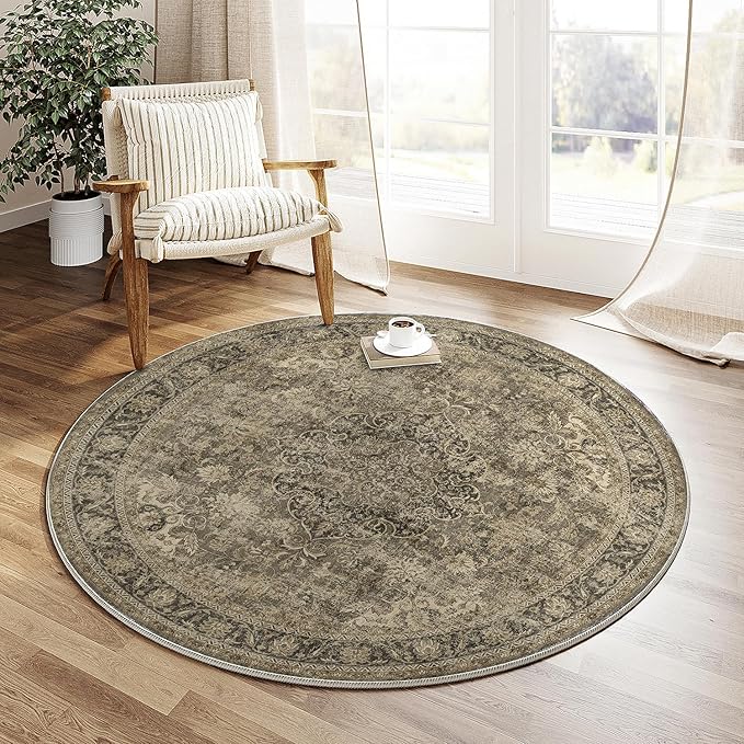4x4 Washable Brown Round Rug Vintage Entryway Kitchen Cirlce Rug Non-Slip Soft Low Pile Distressed Indoor Carpet for Entrance Bathroom Dining Room