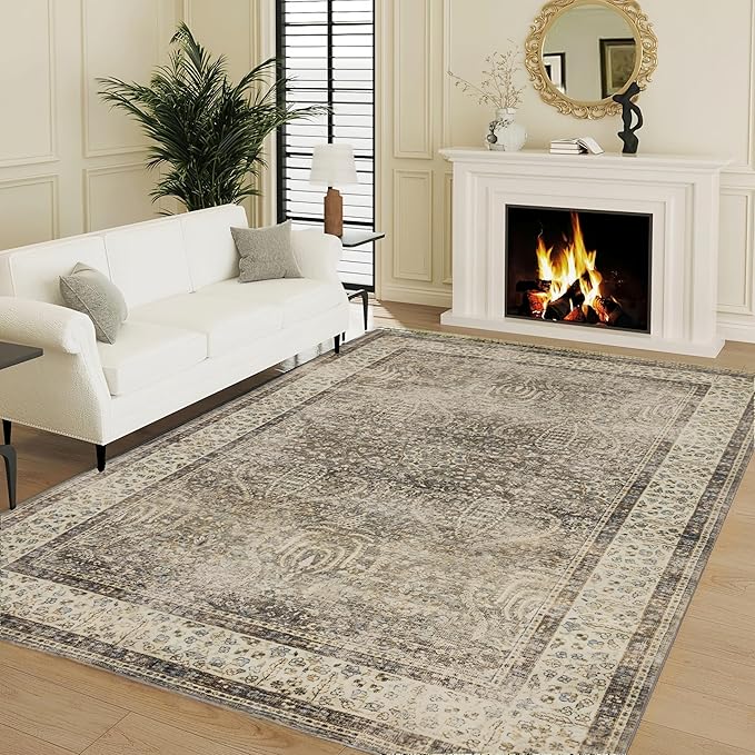 RCTJHOME 9'x12' Washable Area Rugs for Larger Living Room/Spacious Bedroom, Ultra Soft Non-Slip Accent Carpet, Dining Room,Larger Home Office, Low Pile Persian Rug Retro Golden Brown Multi