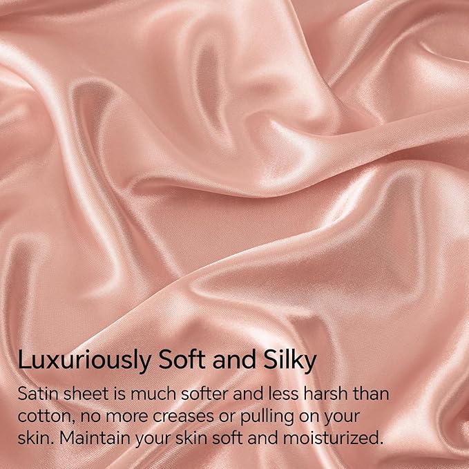 BEDELITE California King Sheets Set, Luxury Soft Coral Pink Satin Sheets for Hair and Skin, Similar to Silk Bed Sheets Set 4 Pieces with 1 Deep Pocket Fitted Sheet, 1 Flat Sheet, and 2 Pillowcases