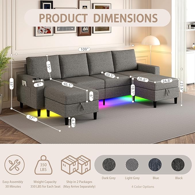 Sectional Couches for Living Room, 4 Seat Sectional Sofa with Smart Module-Wireless Charging/USB/Type-C/RGB Light, U Shaped Couch with Reversible Chaise Lounge/Storage Ottoman (Light Grey)