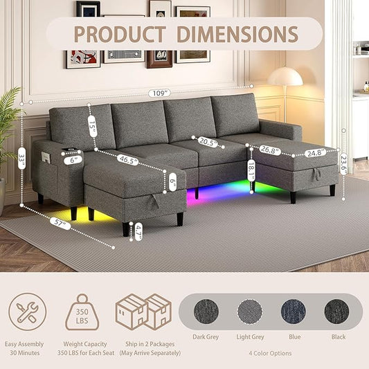 Sectional Couches for Living Room, 4 Seat Sectional Sofa with Smart Module-Wireless Charging/USB/Type-C/RGB Light, U Shaped Couch with Reversible Chaise Lounge/Storage Ottoman (Light Grey)