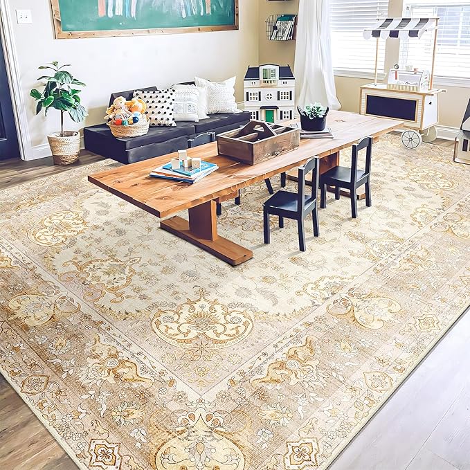 9'x12' Area Rugs Washable,Large Boho Rug for Living Room Bedroom Dining Room,Vintage Bohemian Distressed Oriental Carpet Non Slip,Retro Gold Floral
