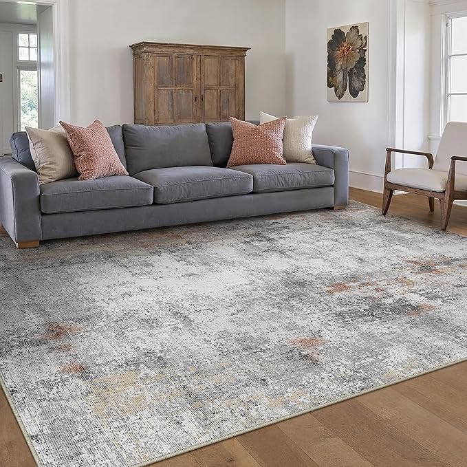 10x14 Washable Area Rug Grey Rust Abstract Living Room Bedroom Carpet Neutral Modern Non-Slip Soft Low Pile Lightweight Vacuumable Large Throw Rug for Dining Room
