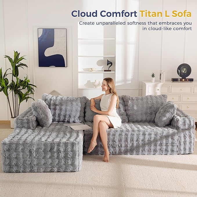 MAXYOYO 104" Modular Sectional Couch with L-Shape Chaise, Modern Boneless Couch for Living Room, Sofa in A Box, Faux Fur Sofa Sleeper with Deep Seat, No Assembly Required, Grey
