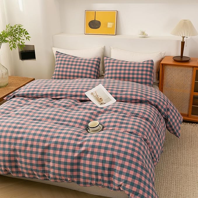 ECOCOTT Duvet Cover California King Size, 100% Washed Cotton Linen-Like Soft & Breathable, Durable Comfy Bedding Set for All Seasons, Purple Pink Plaid