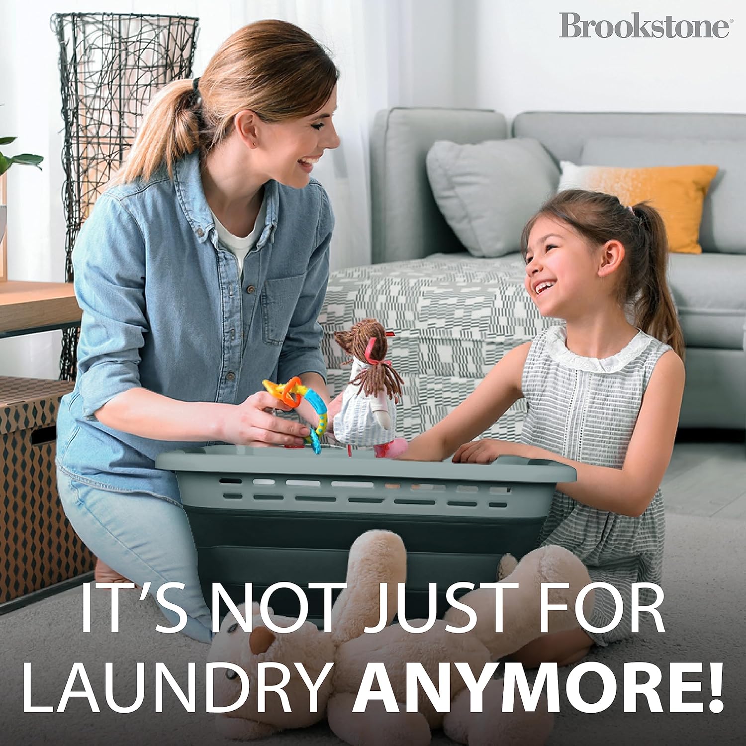 BROOKSTONE 11 GALLON XL 24" Collapsible Laundry Basket & Clothes Hamper, Comfort Non-Slip Handles, Modern Laundry Hamper with Space Saving Design, Portable Pop-Up Hamper, BPA FREE, Light Grey, 1 Pack Dormly