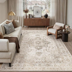 Taupe 6x9 Area Rug Washable Vintage Living Room Carpet Non Slip Retro Distressed Low Pile Soft Oriental Medallion Thin Large Throw Rug for Office Bedroom Dining Room Playroom