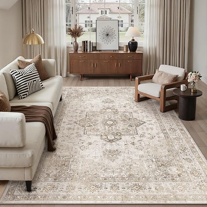 Taupe 6x9 Area Rug Washable Vintage Living Room Carpet Non Slip Retro Distressed Low Pile Soft Oriental Medallion Thin Large Throw Rug for Office Bedroom Dining Room Playroom