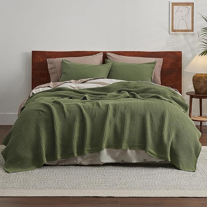 Bedsure Gentlesoft 100% Cotton Blanket Queen Size for Bed - Breathable and Soft, Thick Cozy Waffle Weave Christmas Blanket Gift for Women, Olive Green, 90x90 Inches