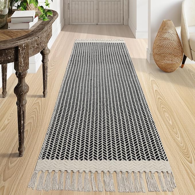Lahome Boho Kitchen Runner, 2'6''x8 Runners for Hallways Lightweight Bath Mat Woven Washable Runner Rug with Tassels, Farmhouse Non Shedding Black Rug for Bedroom Living Room