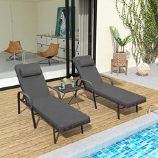 Patio Chaise Lounge Set 3 Pieces Pool Lounge Chairs,Cushioned Outdoor Folding Lounge Chair w/Arm and Rattan Adjustable Backrest for Poolside Porch,Folding Table Included,Grey