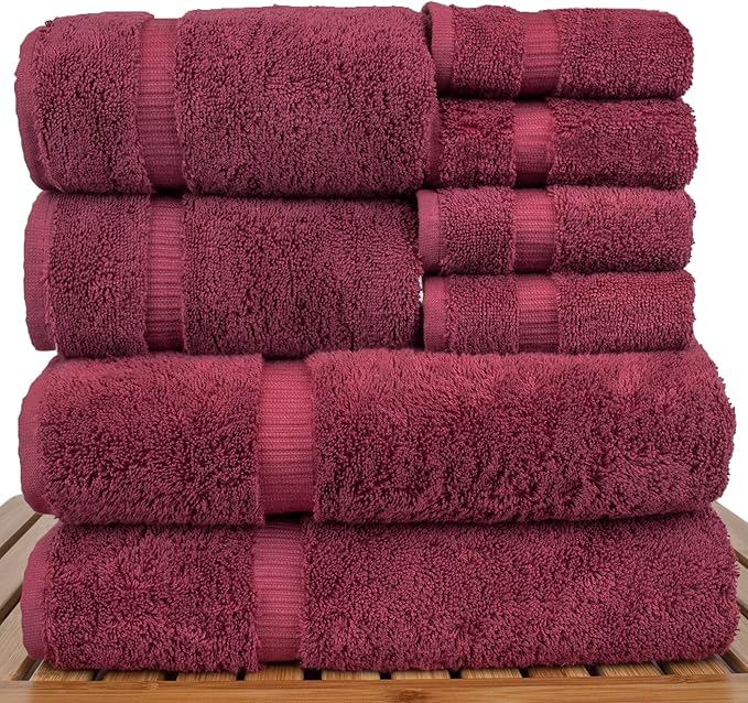 BC Bare Cotton Luxury Hotel & Spa Quality, Highly Absorbent 100% Turkish Cotton, 750+ GSM, Eco Friendly Towel, Bathroom and Kitchen Dobby Border Towels(8 Piece, Cranberry)