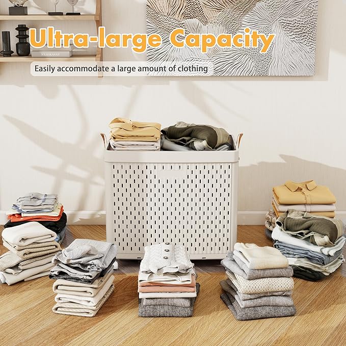 UAK Laundry Basket with Wheels, Collapsible Plastic Laundry Hamper with Handle, Foldable Laundry Basket Organizer for Laundry and Bathroom Snow White, XXXXL (110L)