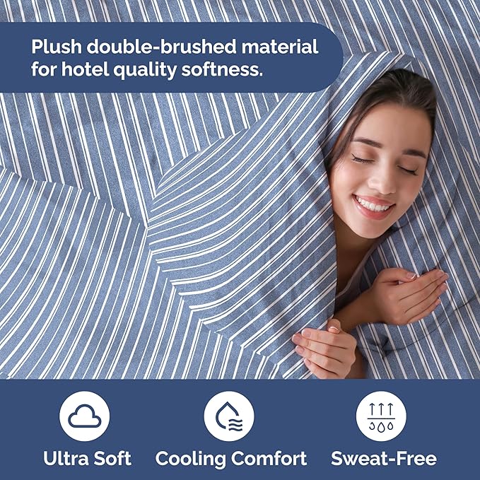 Duvet Cover Cal King Size Set - Extra Soft Cal King Size Duvet Cover 104 x 98 with 2 Pillow Shams - Hotel Luxury and Fade Free w/Zipper Closures & Ties - Comfy Breathable Bedding Set (Blue Stripes)