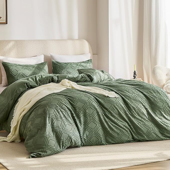 JELLYMONI Duvet Cover King Size Green - 3PCS Boho Duvet Cover Set Plaid Polyester Tufted Bohemian Jacquard Knit Textured Comforter Cover 104×90in Rhombic Geometric Pattern Zipper Corner Tie