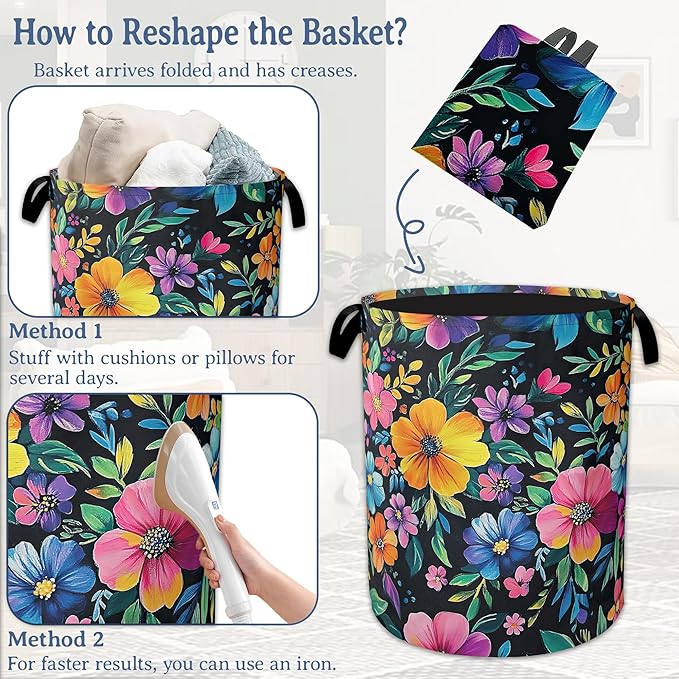 Vintage Spring Floral Laundry Hamper With Handle,Foldable Oxford Cloth Laundry Basket,20.8"x16" Clothes Storage Basket for Laundry Room/Bedroom/Bathroom