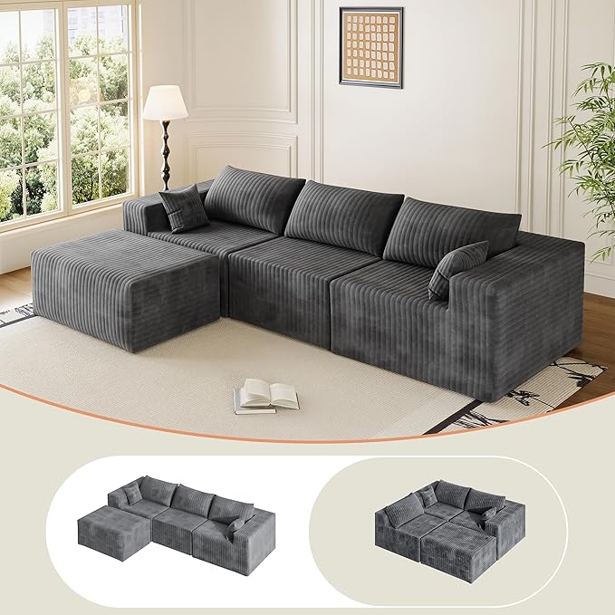 110" Cloud Couch Sectional for Living Room L-Shape Boneless Couches Modular Sectional Sofa with Deep Seat Plush with Chaise,No Assembly Required, Carbon Gray(Plush Corduroy Fabric)