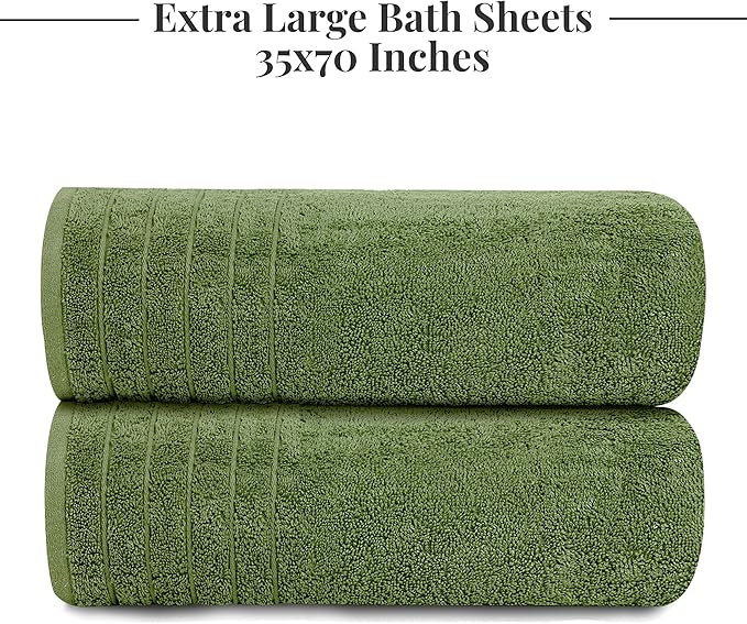 Tens Towels Pack of 2 Extra Large Bath Sheets 35 x 70 Inches, 100% Cotton, Larger & Lighter Weight, Quicker to Dry, Super Soft & Absorbent, Oversized Bath Towels, Green