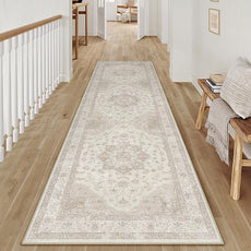 Beige Runner Rug 2x5 Washable Vintage Carpet Hallway Kitchen Soft Retro Low Pile Thin Indoor Bedroom Non Slip Oriental Medallion Long Throw Rug for Bathroom Laundry Dining Room