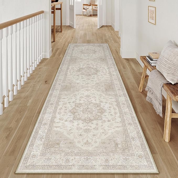Beige Runner Rug 2x5 Washable Vintage Carpet Hallway Kitchen Soft Retro Low Pile Thin Indoor Bedroom Non Slip Oriental Medallion Long Throw Rug for Bathroom Laundry Dining Room