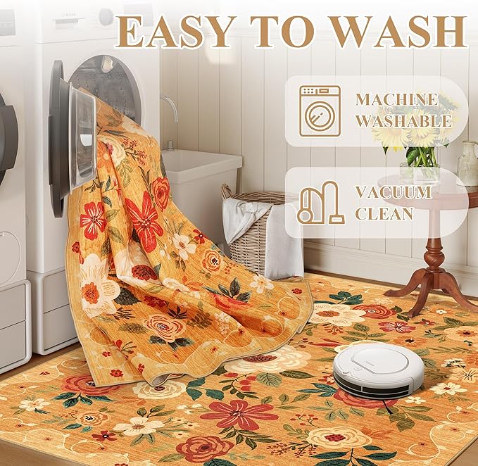 DUKINO 2x6 Runner Rug for Hallway, Washable Kitchen Runner Rug with Non Slip Backing, Low Pile Soft Boho Floral Runner for Kitchen, Hallway, Entryway, Laundry, Bedroom, Orange